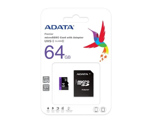 A-DATA UHS-I MicroSDXC 64GB class 10 + adapter AUSDX64GUICL10-PA1