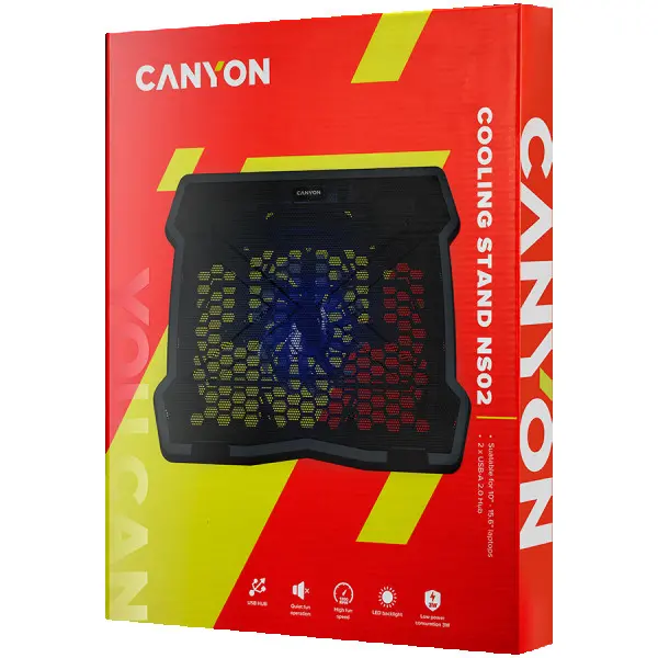 Cooling stand single fan with 2x2.0 USB hub, support up to 10''-15.6'' laptop, ABS plastic and iron,  Fans dimension:125*125*15mm(1pc), DC 5V