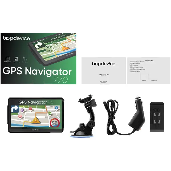 Topdevice GPS Navigator 770, 7'' (800*480) TN display, WinCE 6.0, 800MHz Mstar MSB2531 Cortex A7, 128MB DDR, 8GB Flash, 1500mAh battery, col