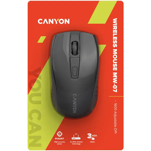 2.4Ghz wireless mice, 6 buttons, DPI 80012001600, with 1 AA battery ,size 110*60*37mm,58g,black ( CNE-CMSW07B ) 