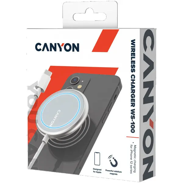 CANYON WS-100 Wireless charger, Input 9V2A, 9V2.7A, 12V2A, Output 15W10W7.5W5W, Type c cable length 1.5m, Acrylic surface+Aluminium alloy e