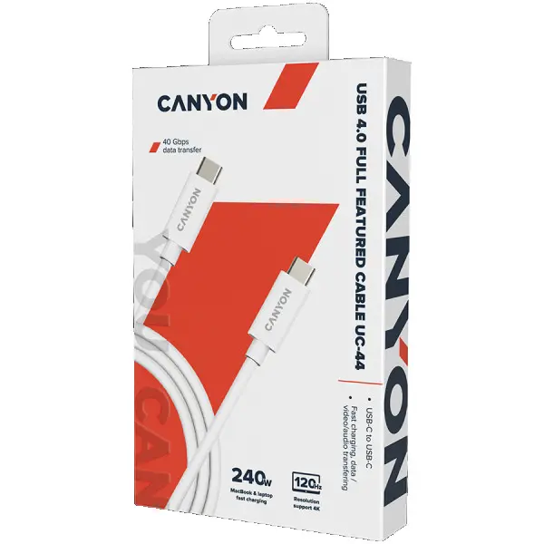 CANYON, U4-CC-5A1M-E, USB4 TYPE-C to TYPE-C cable assembly 40G 1m 5A 240W(ERP) with E-MARK, CE, ROHS, white ( CNS-USBC44W ) 