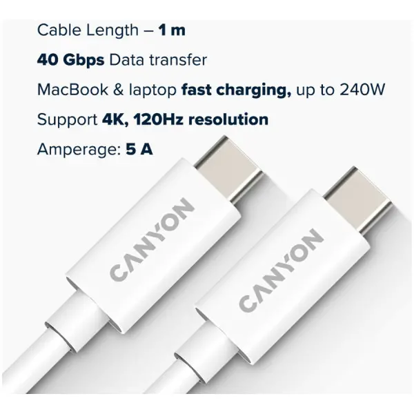 CANYON, U4-CC-5A1M-E, USB4 TYPE-C to TYPE-C cable assembly 40G 1m 5A 240W(ERP) with E-MARK, CE, ROHS, white ( CNS-USBC44W ) 