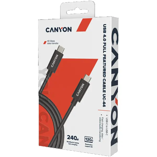 CANYON, U4-CC-5A1M-E, USB4 TYPE-C to TYPE-C cable assembly 40G 1m 5A 240W(ERP) with E-MARK, CE, ROHS, black ( CNS-USBC44B ) 