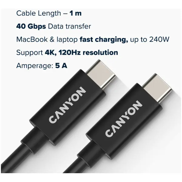 CANYON, U4-CC-5A1M-E, USB4 TYPE-C to TYPE-C cable assembly 40G 1m 5A 240W(ERP) with E-MARK, CE, ROHS, black ( CNS-USBC44B ) 