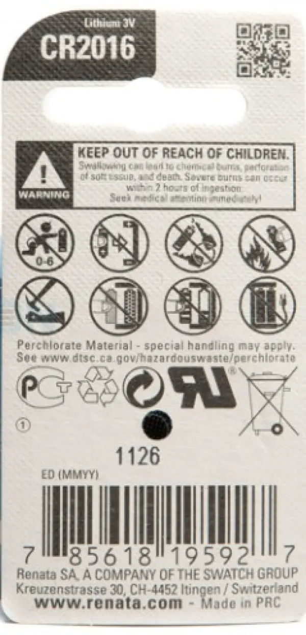 Renata baterija CR 2016 3V Litijum baterija dugme, Pakovanje 1kom