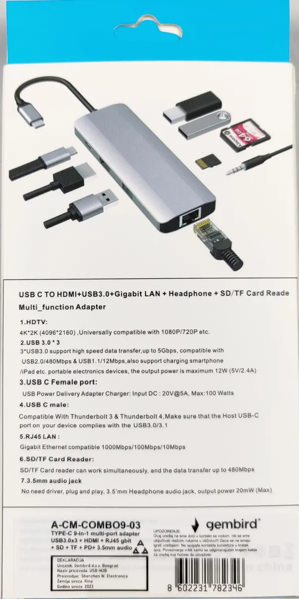 A-CM-COMBO9-03 ** Gembird USB Type-C 9-in-1 multi-port adapter USB USB-C+HUB+HDMI+PD+card rea (2023)