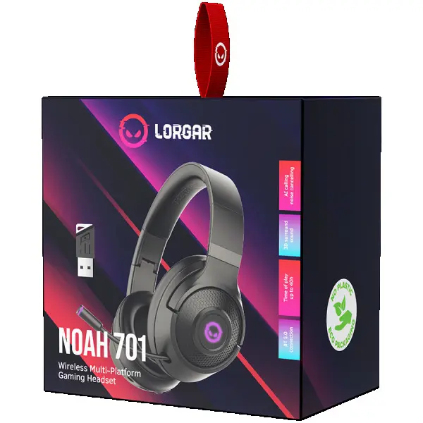 Lorgar gaming headset with microphone, 2.4G+ BT 5.0 Realtek 8763, battery 1000mAh, type-C charging cable 0.8m, audio cable 1.5m, size:195*1
