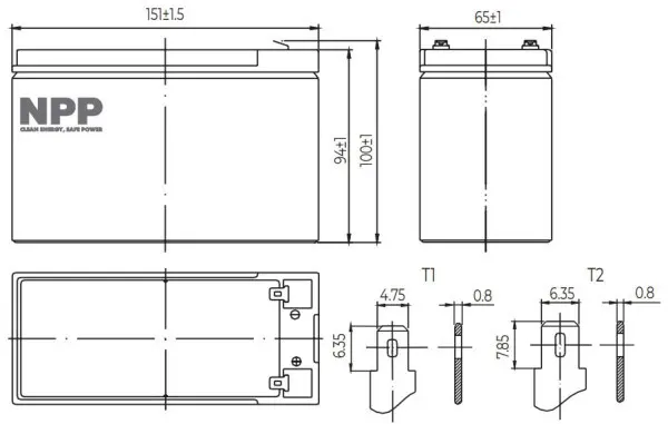 NPP NP12V-9Ah, AGM BATTERY, C20=9AH, T1, 151x65x94x100, 2,5KG, BLACK