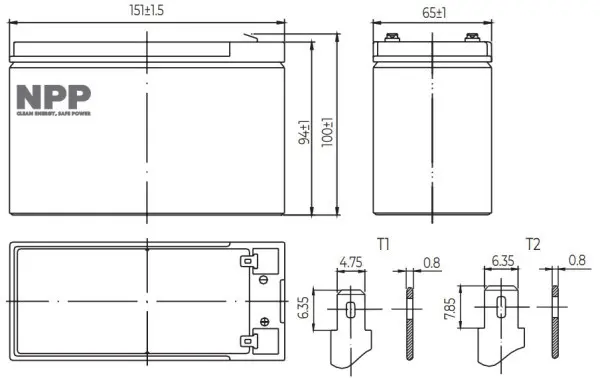 NPP NP12V-7Ah, AGM BATTERY, C20=7AH, T1, 151x65x94x100, 1,97KG, BLACK