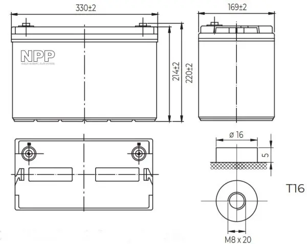 NPP NPG12V-100Ah, GEL BATTERY, C20=100AH, T16, 330x171x214x220, 27,3KG, Light grey