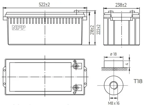 NPP NPG12V-200Ah, GEL BATTERY, C20=200AH, T16, 522x238x218x222, 52,8KG, Light grey