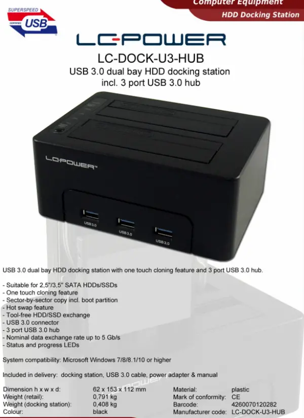 HDD D. Station dual bay LC-DOCK-U3-HUB 2xSSDHDD, Black ,3x USB3.0 HUB