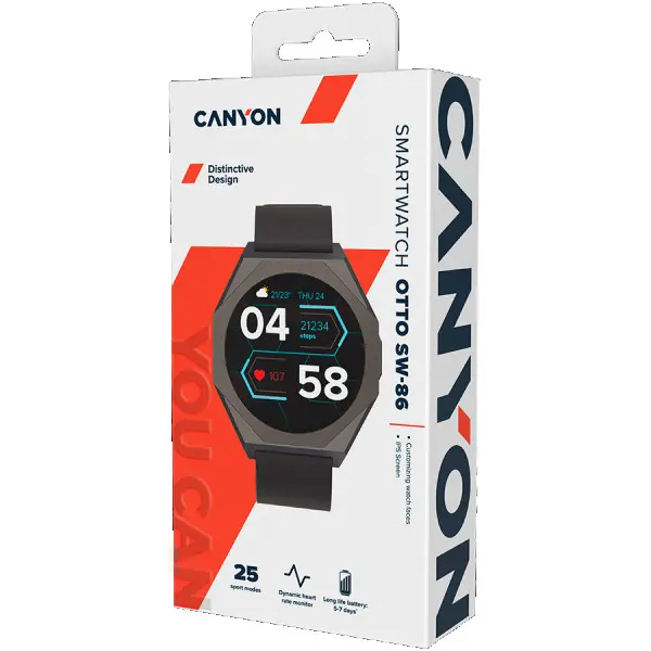 CANYON Otto SW-86, Smart watch Realtek 8762DK LCD 1.3 LTPS 360X360px, TP G+F 1+gesture 192KB Li-ion polymer battery 3.7v 280mAh,Gun aluminu