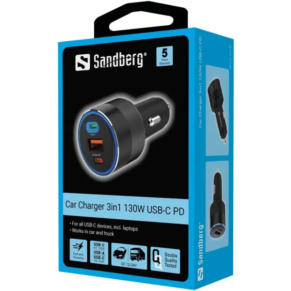 USB auto punjač Sandberg 3in1 USBUSB-C 130W 441-49