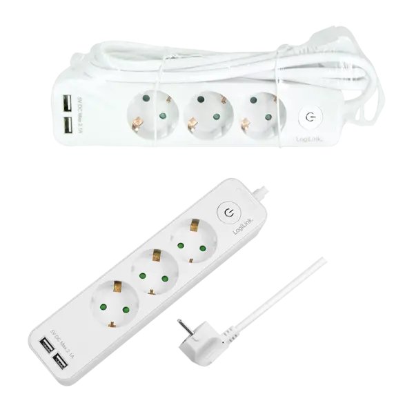 Logilink produžni kabl 3 mesta, 2 USB, prekidač, 1.5m, beli