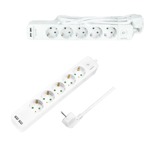 Logilink produžni kabl 5 mesta, 2 USB, prekidač, 1.5m, beli