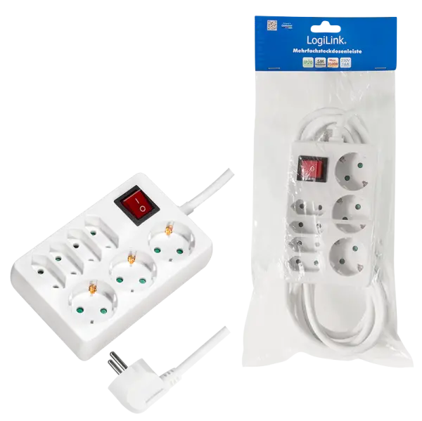 Logilink produžni kabl 7 mesta, 3x CEE 7/3, 4x CEE 7/16, prekidač, 5.0m, beli