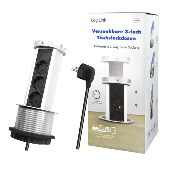 Logilink produžni kabl 3 mesta, pop-up, 100mm, 1.8m, srebrno crni