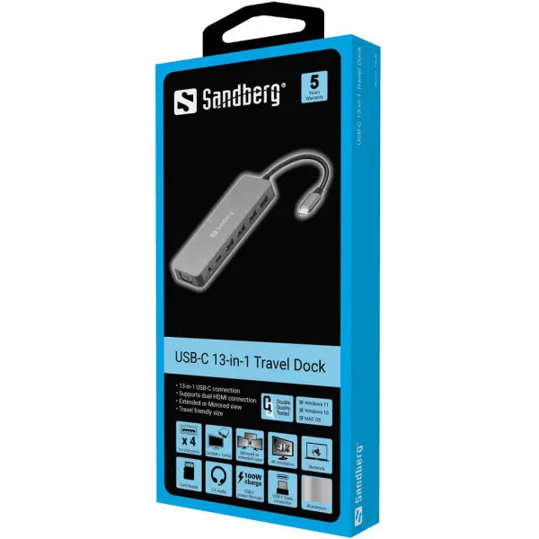 Docking station Sandberg 13in1 USB-C - 2xHDMIVGALAN3xUSB 3.0USB C 136-45