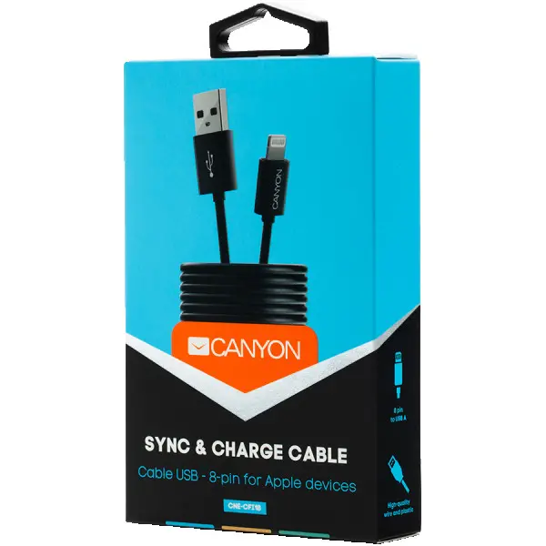 CANYON CFI-1 Lightning USB Cable for Apple, round, cable length 1m, Black, 15.9*7*1000mm, 0.018kg ( CNE-CFI1B ) 