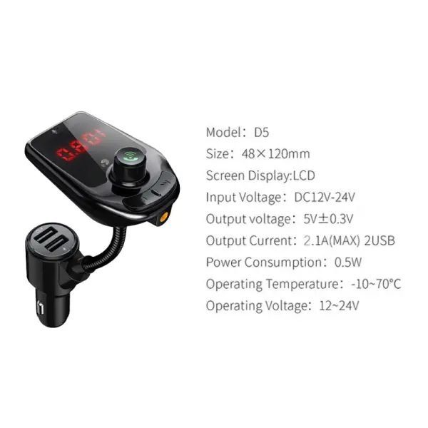 FM transmiter D5 USB TF Bluetooth 5.0 12-24V handsfree crni