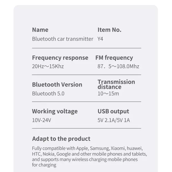 FM transmiter Y4 USB TF Bluetooth 5.0, call ID, modlularni,  handsfree crni