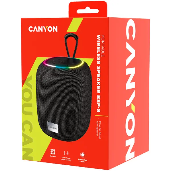 CANYON BSP-8, Bluetooth Speaker, BT V5.2, BLUETRUM AB5362B, TF card support, Type-C USB port, 1800mAh polymer battery, Max Power 10W, Black