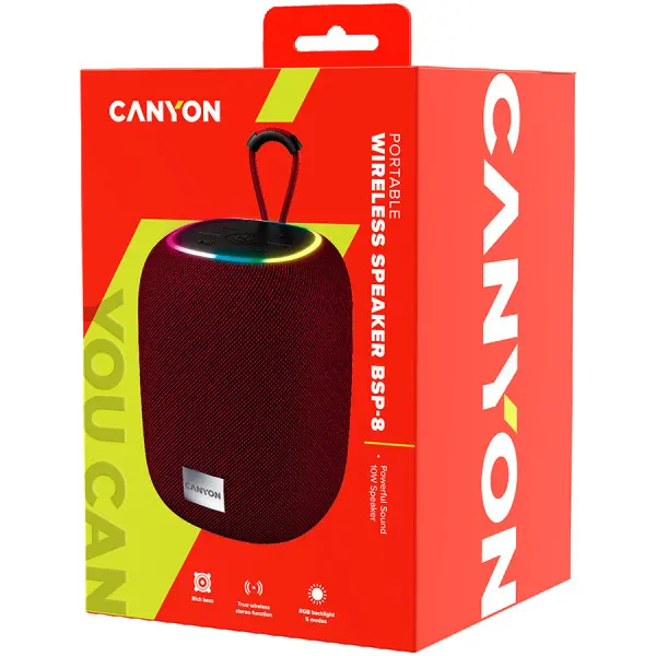CANYON BSP-8, Bluetooth Speaker, BT V5.2, BLUETRUM AB5362B, TF card support, Type-C USB port, 1800mAh polymer battery, Max Power 10W, Red, 