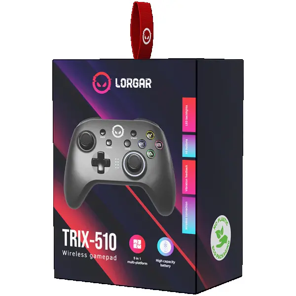 LORGAR TRIX-510, Gaming controller, Black, BT5.0 Controller with built-in 600mah battery, 1M Type-C charging cable ,6 axis motion sensor su