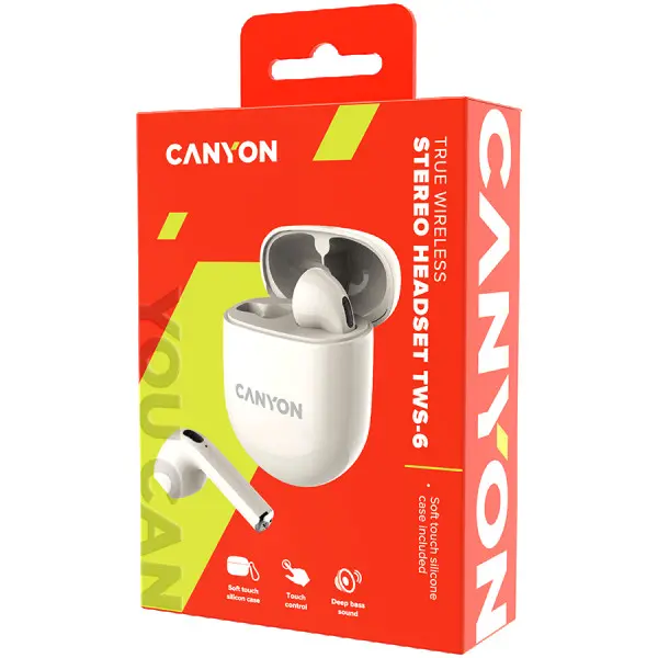 CANYON TWS-6, Bluetooth headset, with microphone, BT V5.3 JL 6976D4, Frequence Response:20Hz-20kHz, battery EarBud 30mAh*2+Charging Case 40