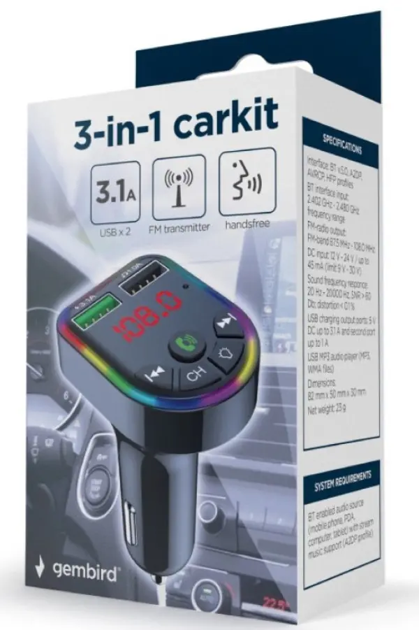 BTT-05 Gembird 3-in-1 Bluetooth carkit with FM-radio transmitter and USB 3.1 A charger, black