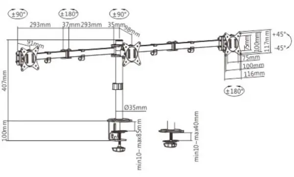 MA-D3-01 Gembird Podesivi stoni drzac za monitor sa tri ruke,tilt,rotacija, okretanje, 17-27 max.7kg