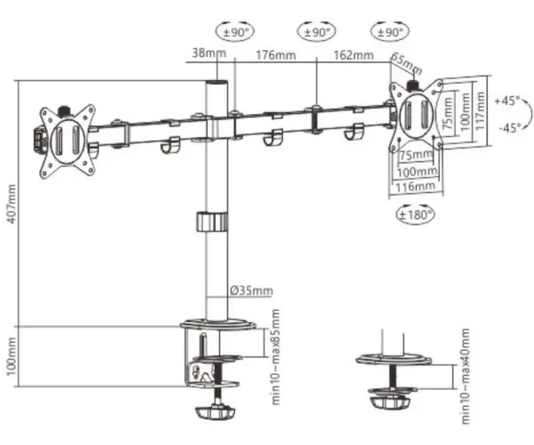 MA-D2-01 Gembird Podesivi dupli stoni drzac za monitor, tilt, 17-32 max.2x9kg (alt. MA-DF2-01)