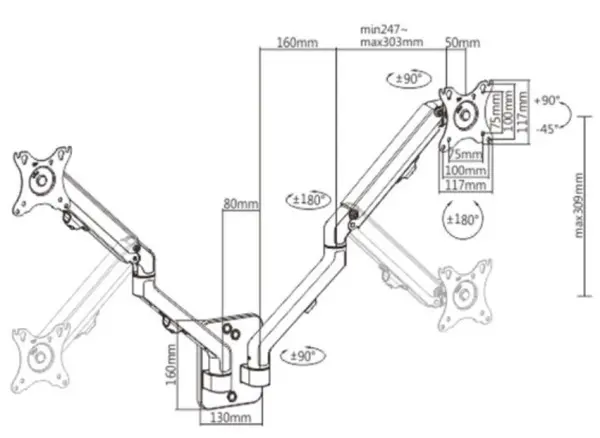MA-WA2-01 Gembird Podesivi dupli zidni drzac za monitor,tilt, 17-27 max.2x7kg