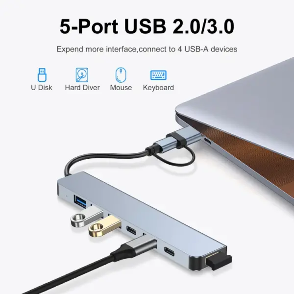 Adapter Type C - USB 3.0 na 2xType C, 3xUSB 3.0 i 2xUSB 2.0 7u1 20cm kabl