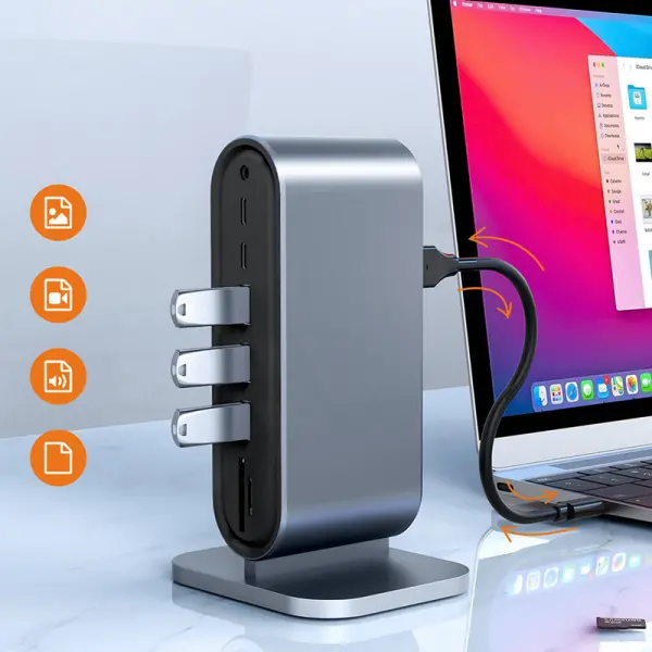 Adapter Type C na LAN Gb, SD card, TF, PD, Type C, 4xUSB 3.0, Audio, HDMI i VGA 12 u 1 sa postoljem