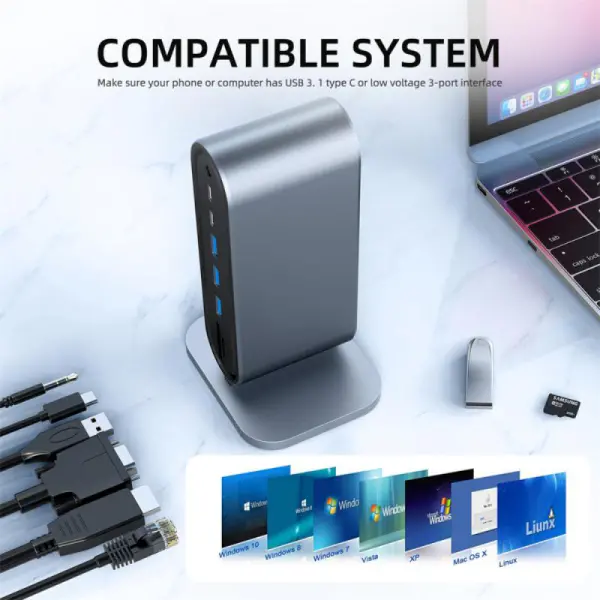 Adapter Type C na LAN Gb, SD card, TF, PD, Type C, 4xUSB 3.0, Audio, HDMI i VGA 12 u 1 sa postoljem