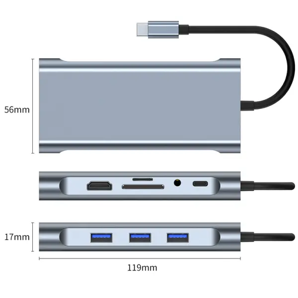Adapter Type C na LAN Gb, SD card, TF, Type C, 3xUSB 3.0, Audio, HDMI i VGA 10 u 1 20cm kabl