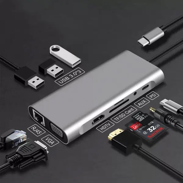 Adapter Type C na LAN Gb, SD card, TF, Type C, 3xUSB 3.0, Audio, HDMI i VGA 10 u 1 20cm kabl