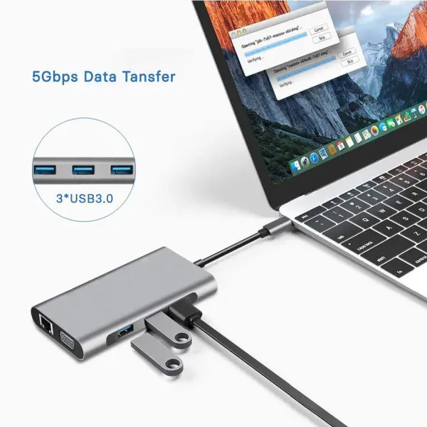 Adapter Type C na LAN Gb, SD card, TF, Type C, 3xUSB 3.0, Audio, HDMI i VGA 10 u 1 20cm kabl
