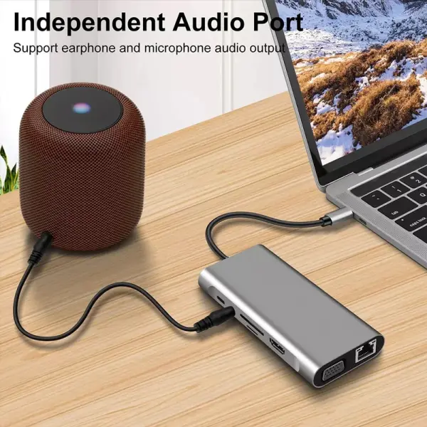 Adapter Type C na LAN Gb, SD card, TF, Type C, 3xUSB 3.0, Audio, HDMI i VGA 10 u 1 20cm kabl