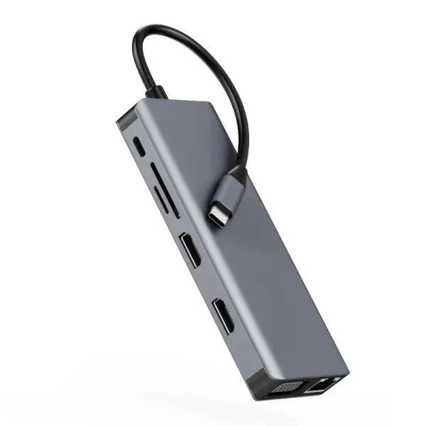 Adapter Type C na LAN Gb, SD card, TF, Type C, 3xUSB 3.0, USB 2.0, Audio, 2xHDMI i VGA 12 u 1 20cm kabl