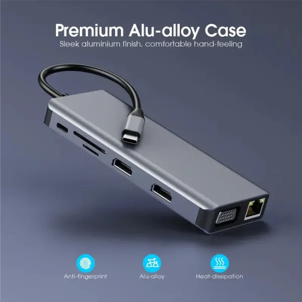 Adapter Type C na LAN Gb, SD card, TF, Type C, 3xUSB 3.0, USB 2.0, Audio, 2xHDMI i VGA 12 u 1 20cm kabl