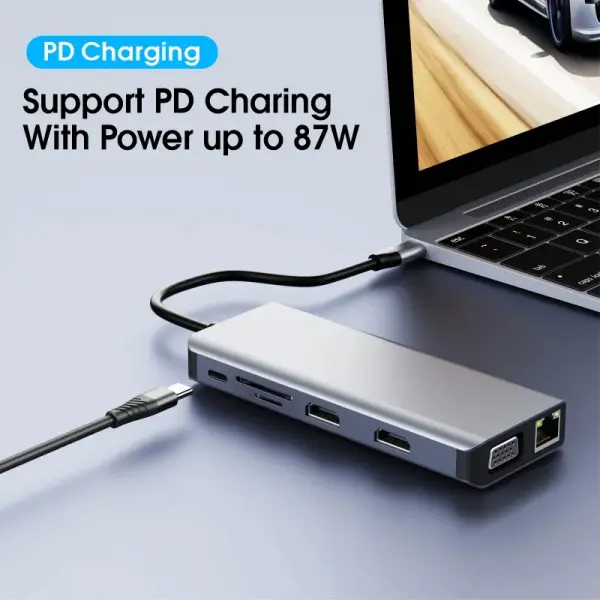 Adapter Type C na LAN Gb, SD card, TF, Type C, 3xUSB 3.0, USB 2.0, Audio, 2xHDMI i VGA 12 u 1 20cm kabl