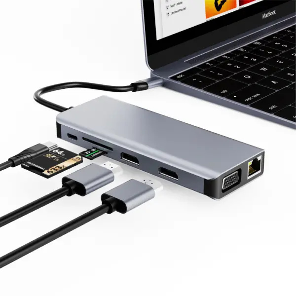 Adapter Type C na LAN Gb, SD card, TF, Type C, 3xUSB 3.0, USB 2.0, Audio, 2xHDMI i VGA 12 u 1 20cm kabl
