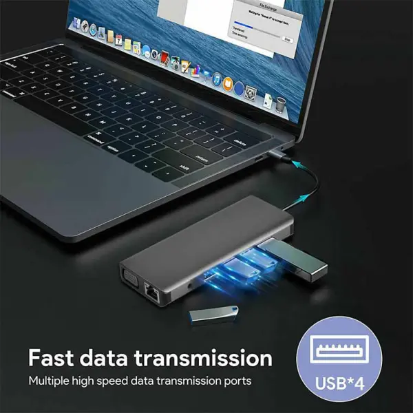 Adapter Type C na LAN Gb, SD card, TF, Type C, 3xUSB 3.0, USB 2.0, Audio, 2xHDMI i VGA 12 u 1 20cm kabl