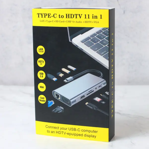 Adapter Type C na LAN Gb, SD card, TF, Type C, 4xUSB 3.0, Audio, HDMI i VGA 11 u 1 20cm kabl