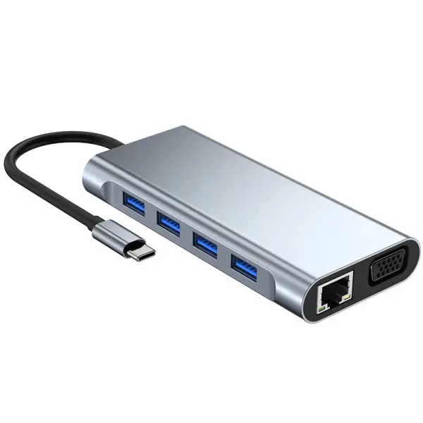 Adapter Type C na LAN Gb, SD card, TF, Type C, 4xUSB 3.0, Audio, HDMI i VGA 11 u 1 20cm kabl