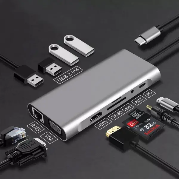 Adapter Type C na LAN Gb, SD card, TF, Type C, 4xUSB 3.0, Audio, HDMI i VGA 11 u 1 20cm kabl